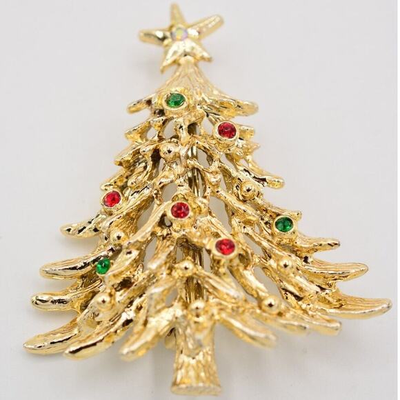 Tancer II Vintage Christmas Tree Pin Brooch Rhinestone Gold Holiday Signed BinAJ - Picture 2 of 12